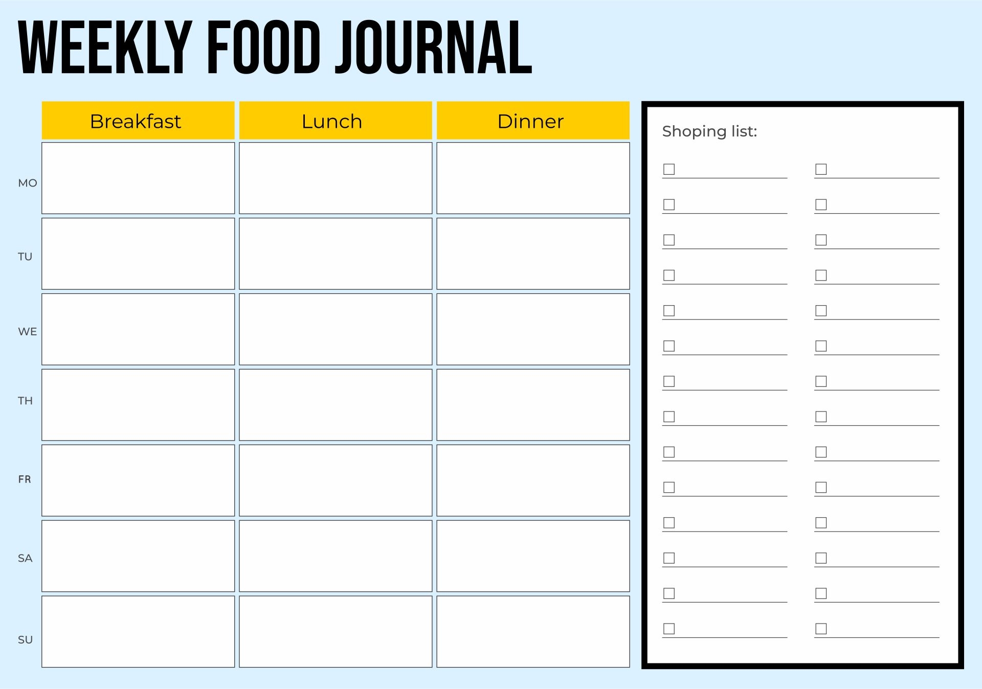 Printable Food Journal Food Diary Template
