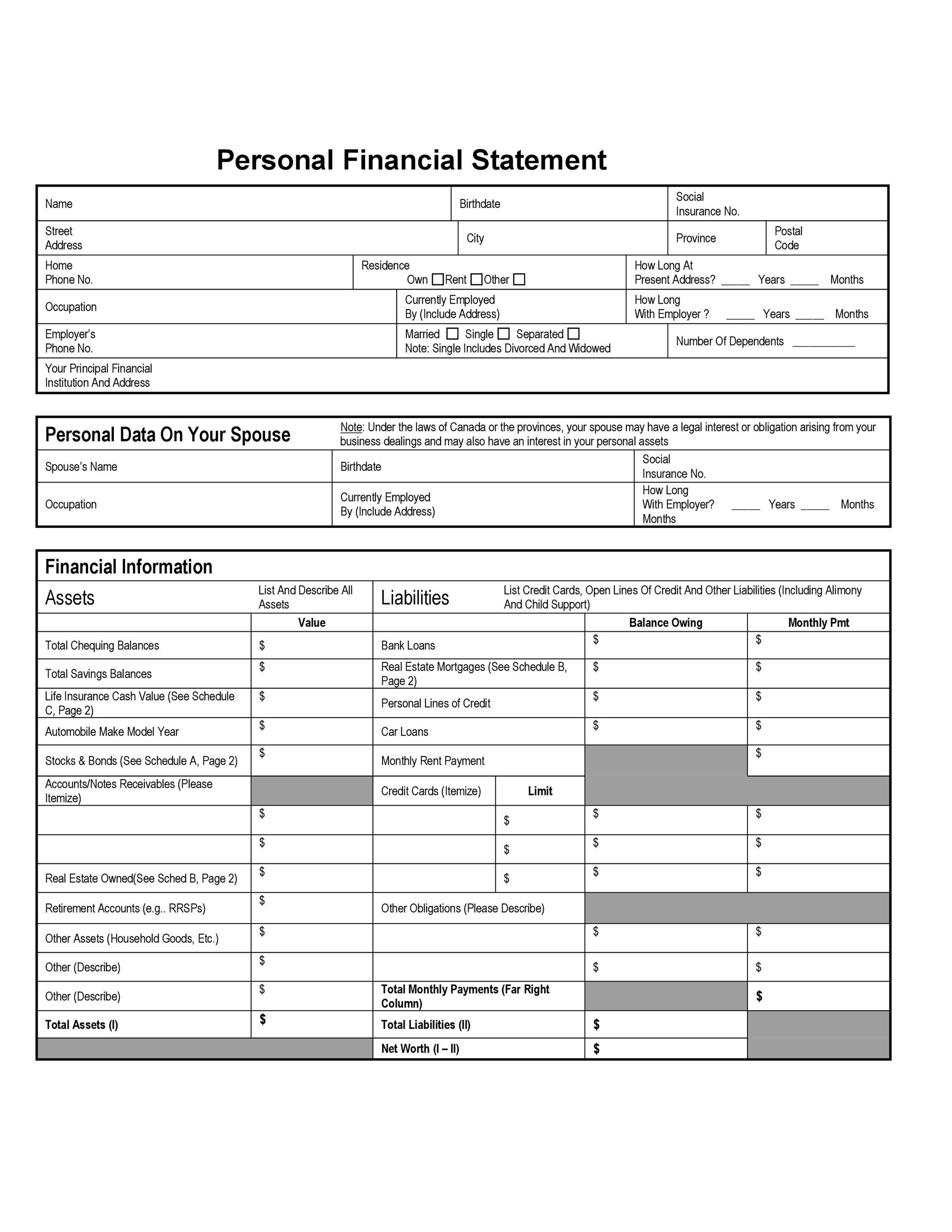 Blank Printable Pdf Personal Financial Statement Template