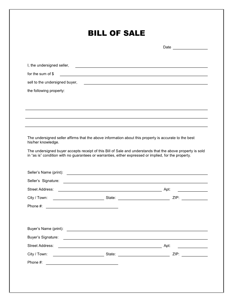 Printable Free Bill Of Sale Template