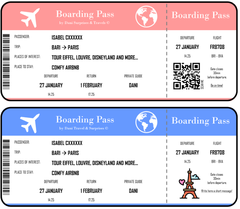 Customizable Free Printable Airline - Boarding Pass Template For Gifting A Surprise Trip Free Download 768x670 