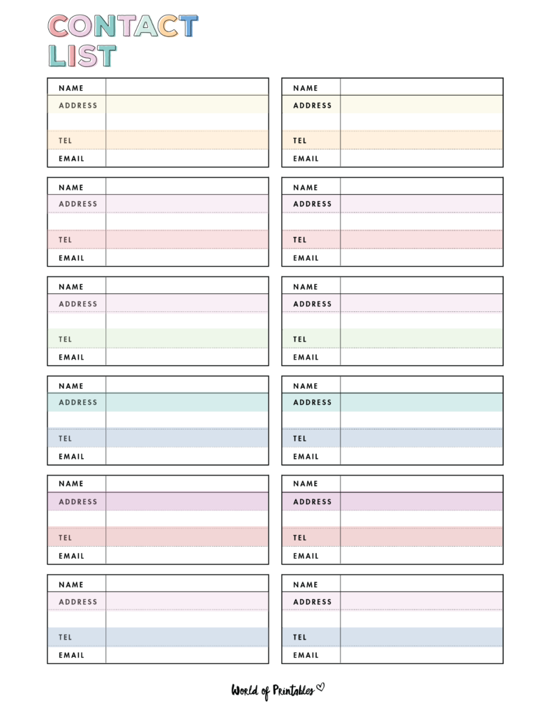 Printable Cute Contact List Template Printables Template Free