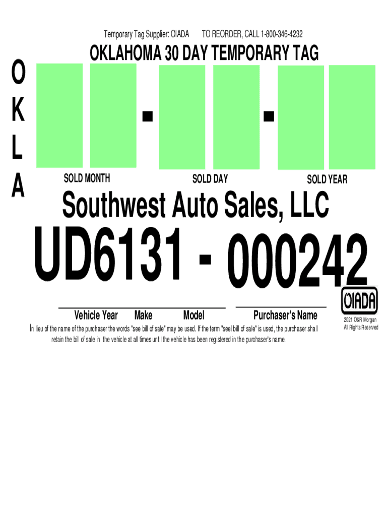 Printable Blank Oklahoma Temporary Tag Template