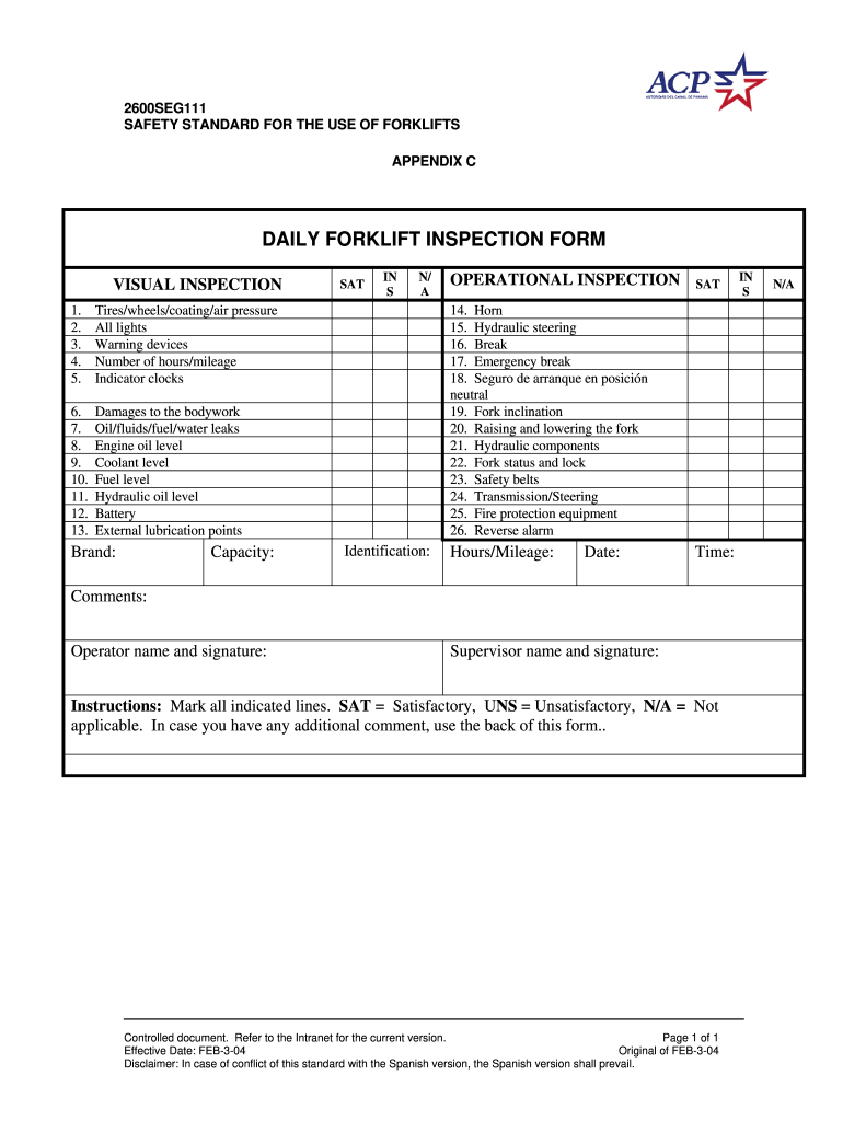 Printable Free Weekly Forklift Inspection Checklist Template