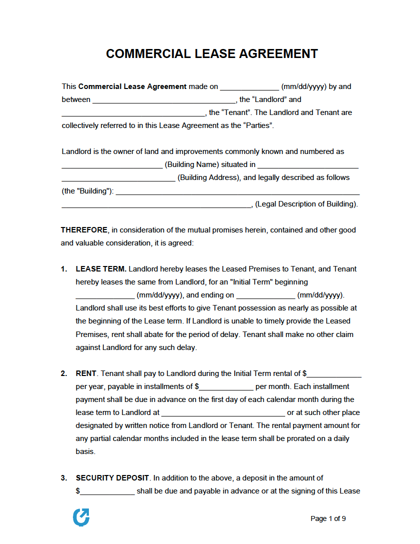 Printable Commercial Lease Agreement Template Free
