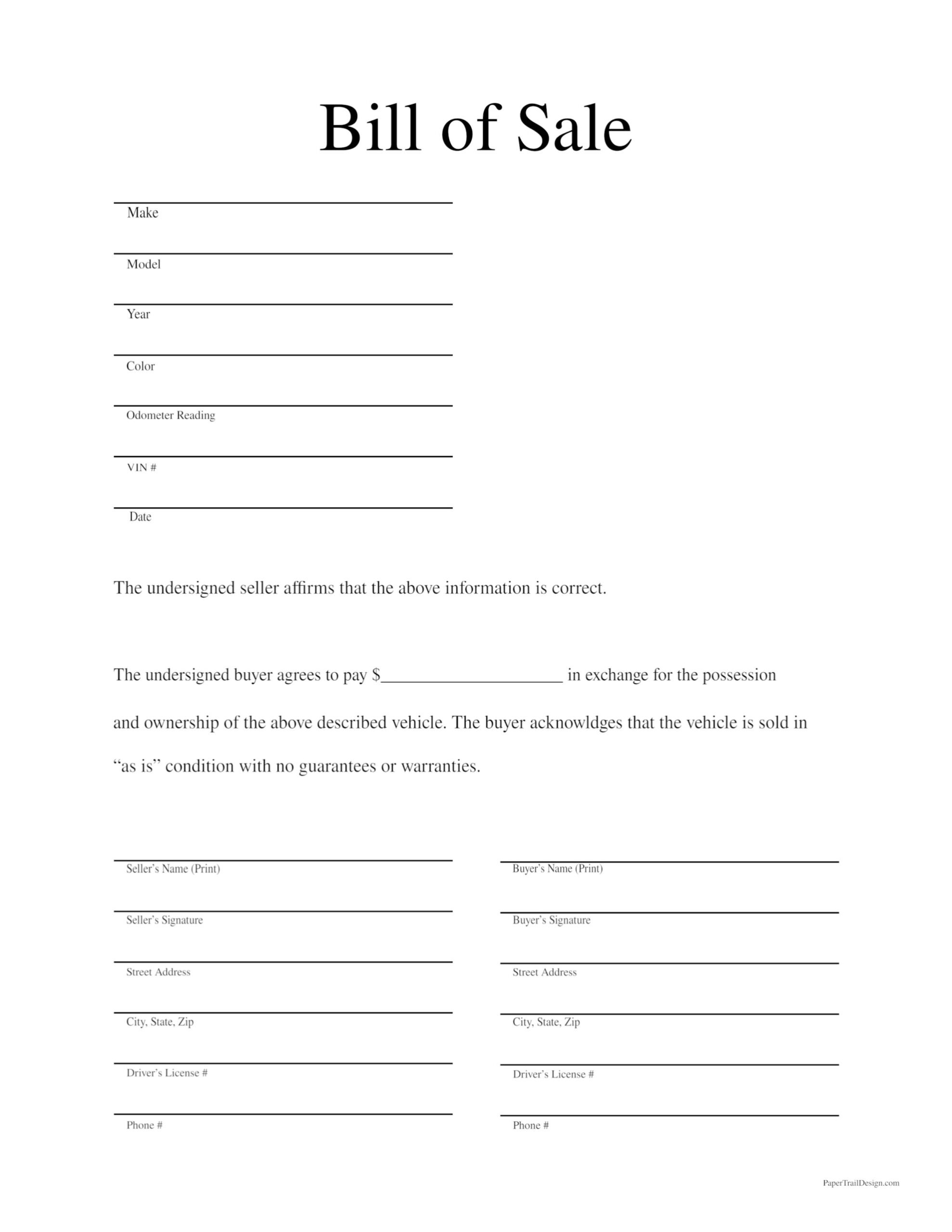 Free Printable Bill Of Sale Template