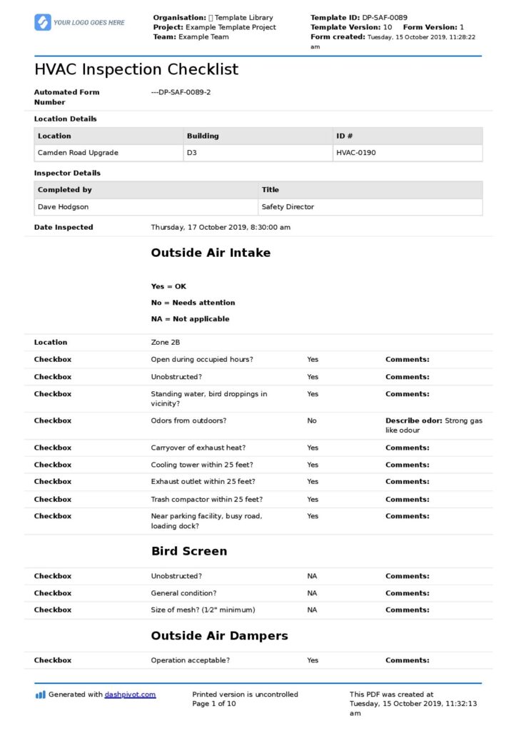 Printable Hvac Inspection Checklist Template - Printables Template Free