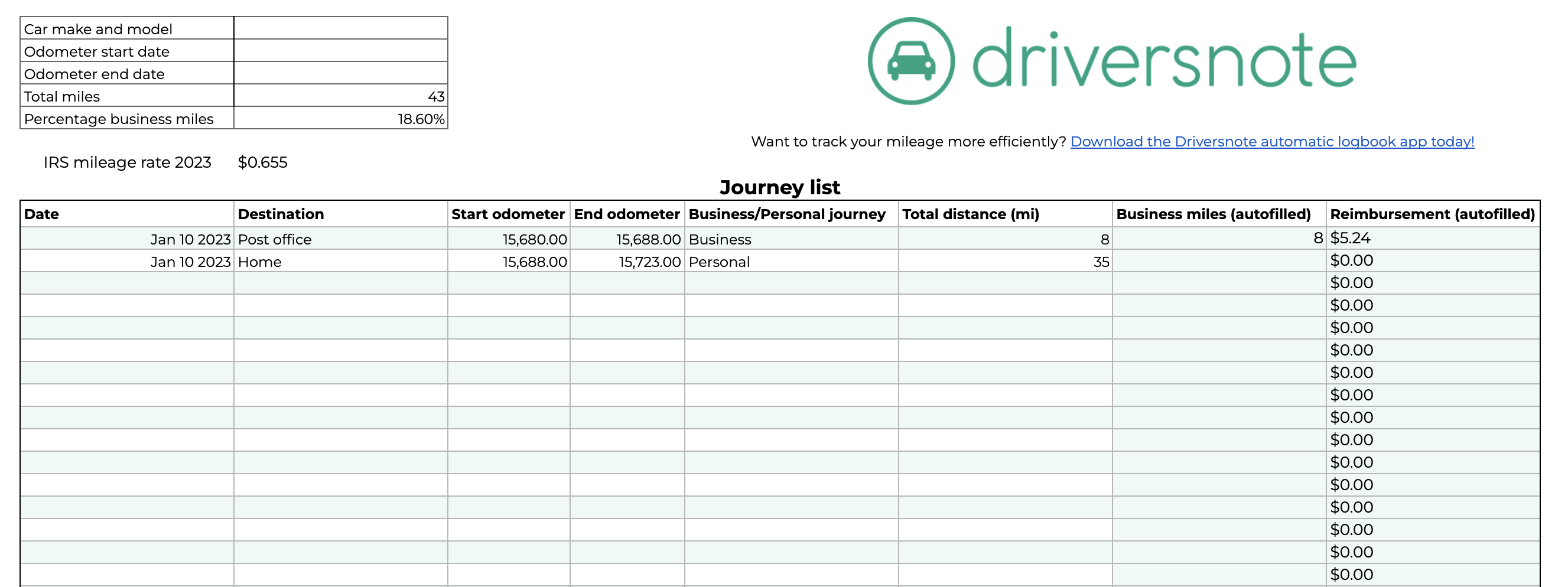 Printable Mileage Log Template For Self Employed