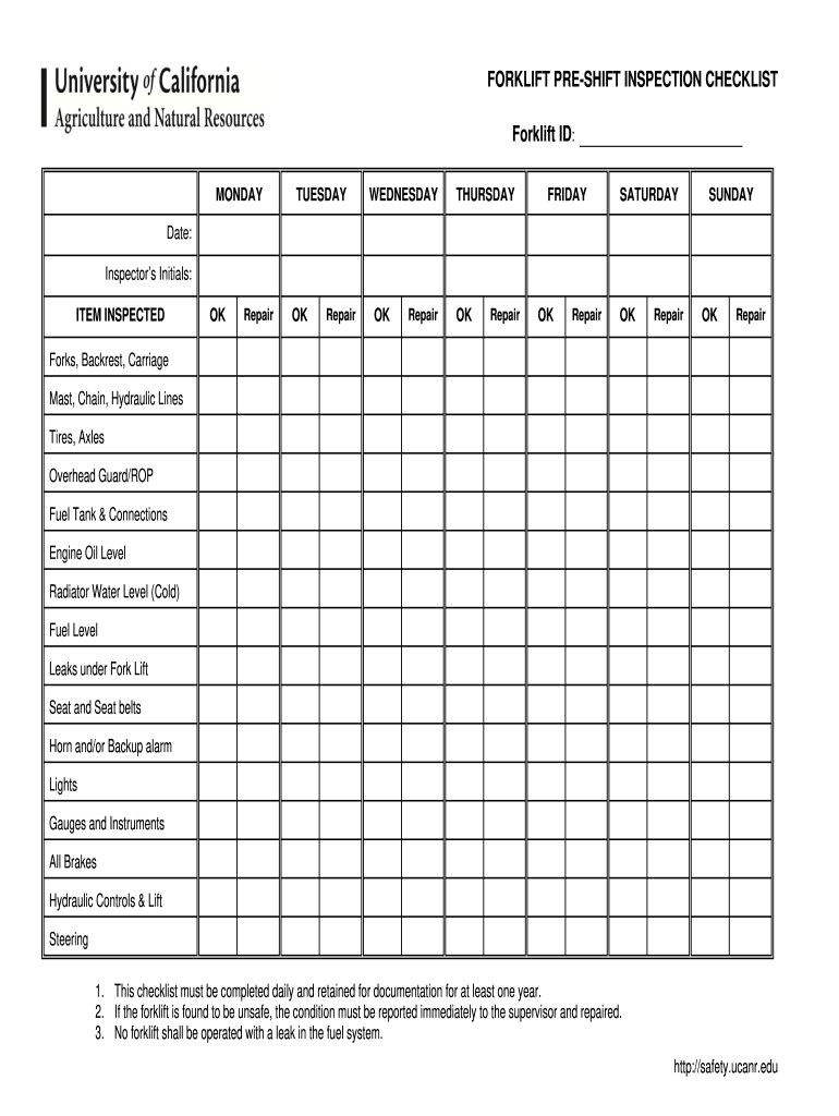 Osha Daily Forklift Inspection Checklist Pdf Fill Out Sign Online DocHub