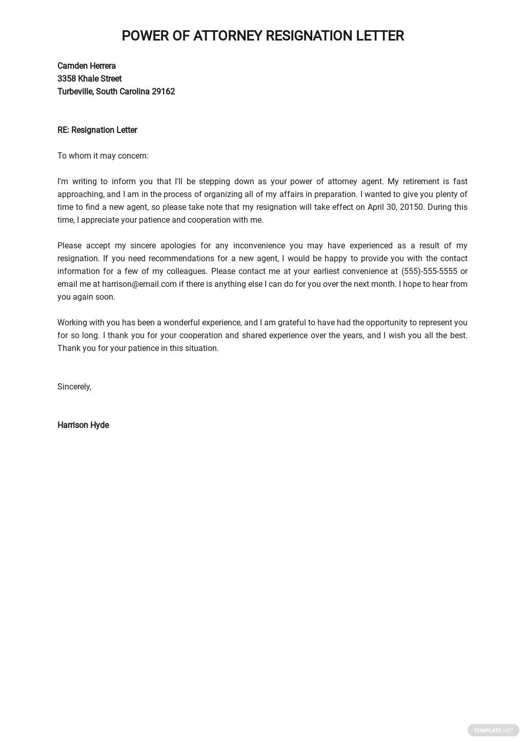 Printable Power Of Attorney Resignation Letter Template Printables 