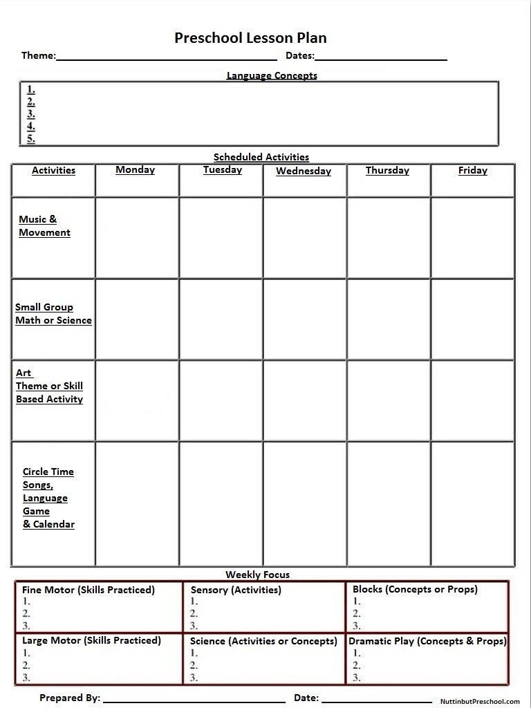 Printable Weekly Lesson Plan Template Preschool