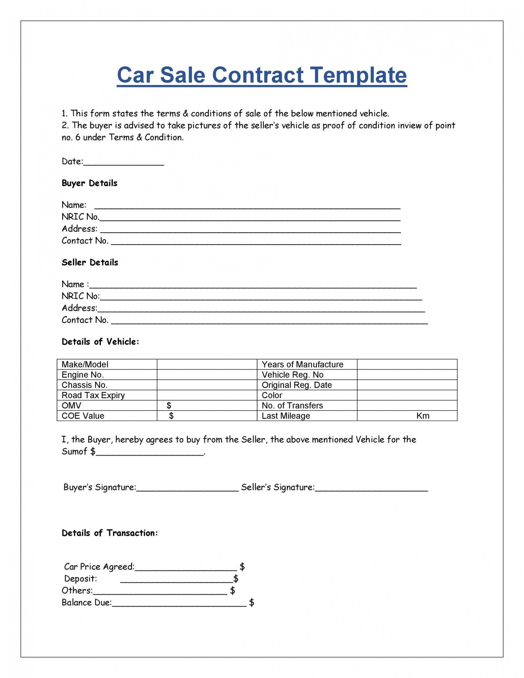Printable Private Car Sale Contract Template