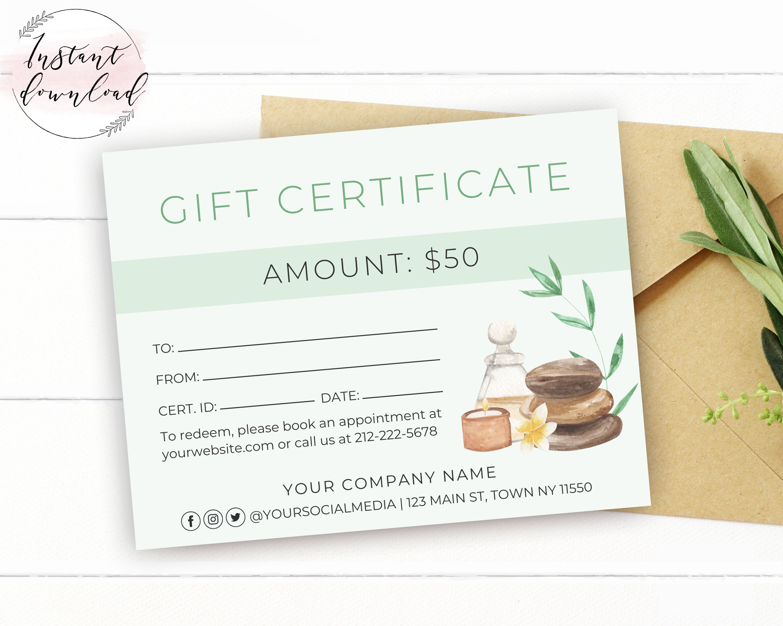 Printable Massage Gift Certificate Template Editable Spa Gift Etsy de