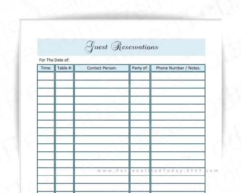 Printable Restaurant Reservation Sheet Template Printables Template Free
