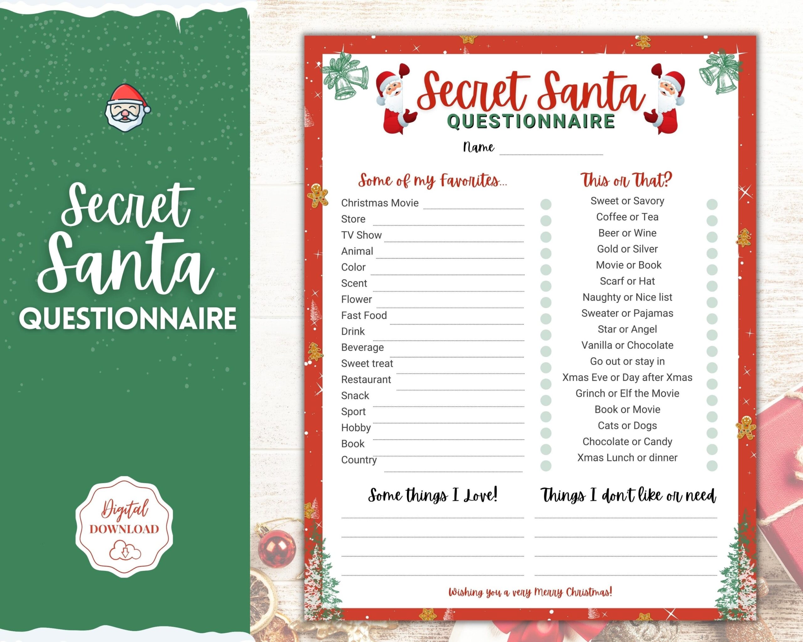 Printable Secret Santa Questionnaire Holiday Gift Exchange Etsy de