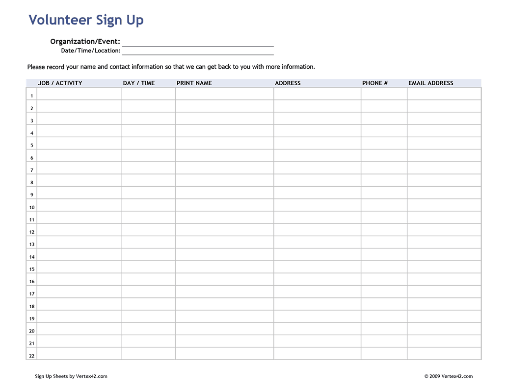 Printable Volunteer Sign Up Sheet Template