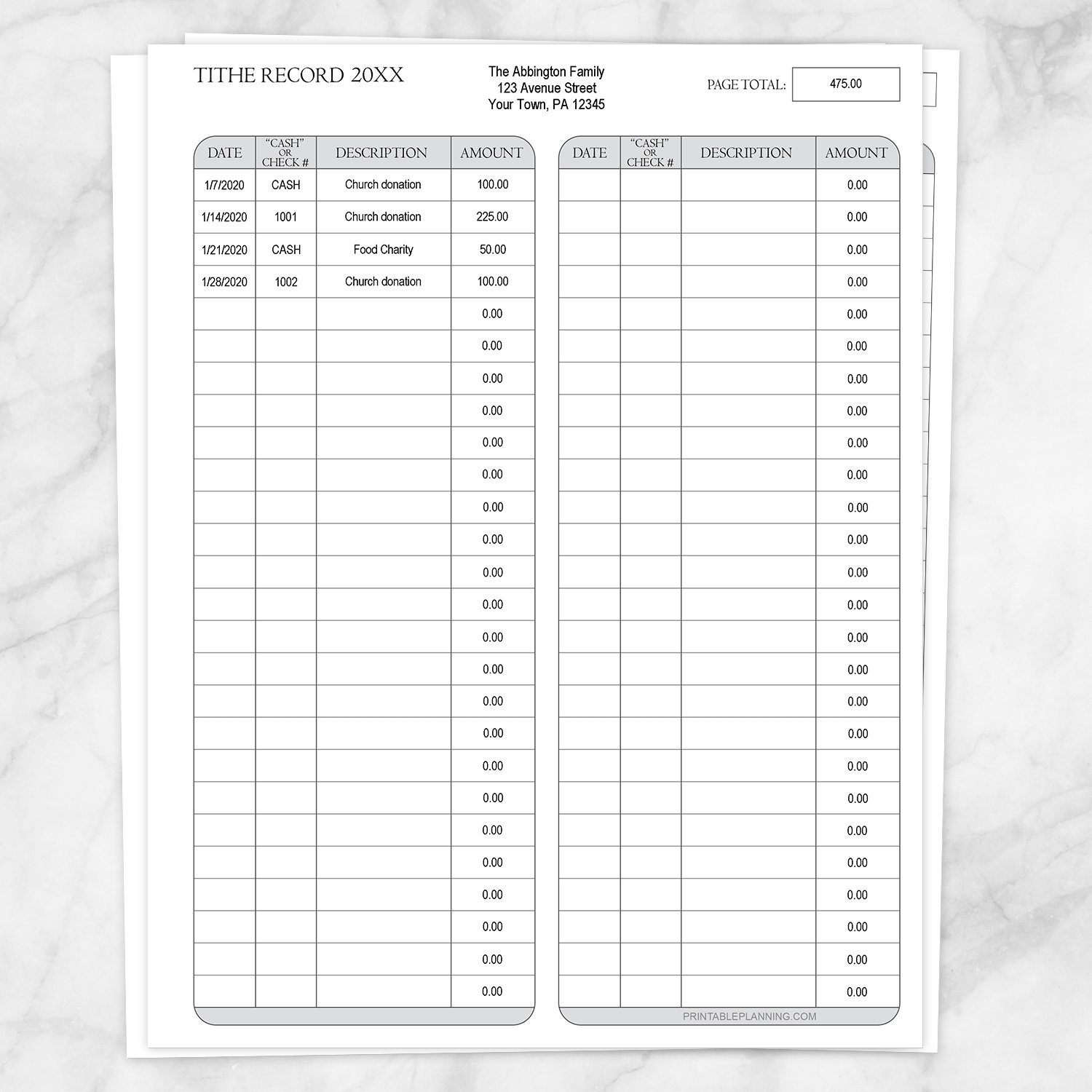 Printable Church Tithing Records Template