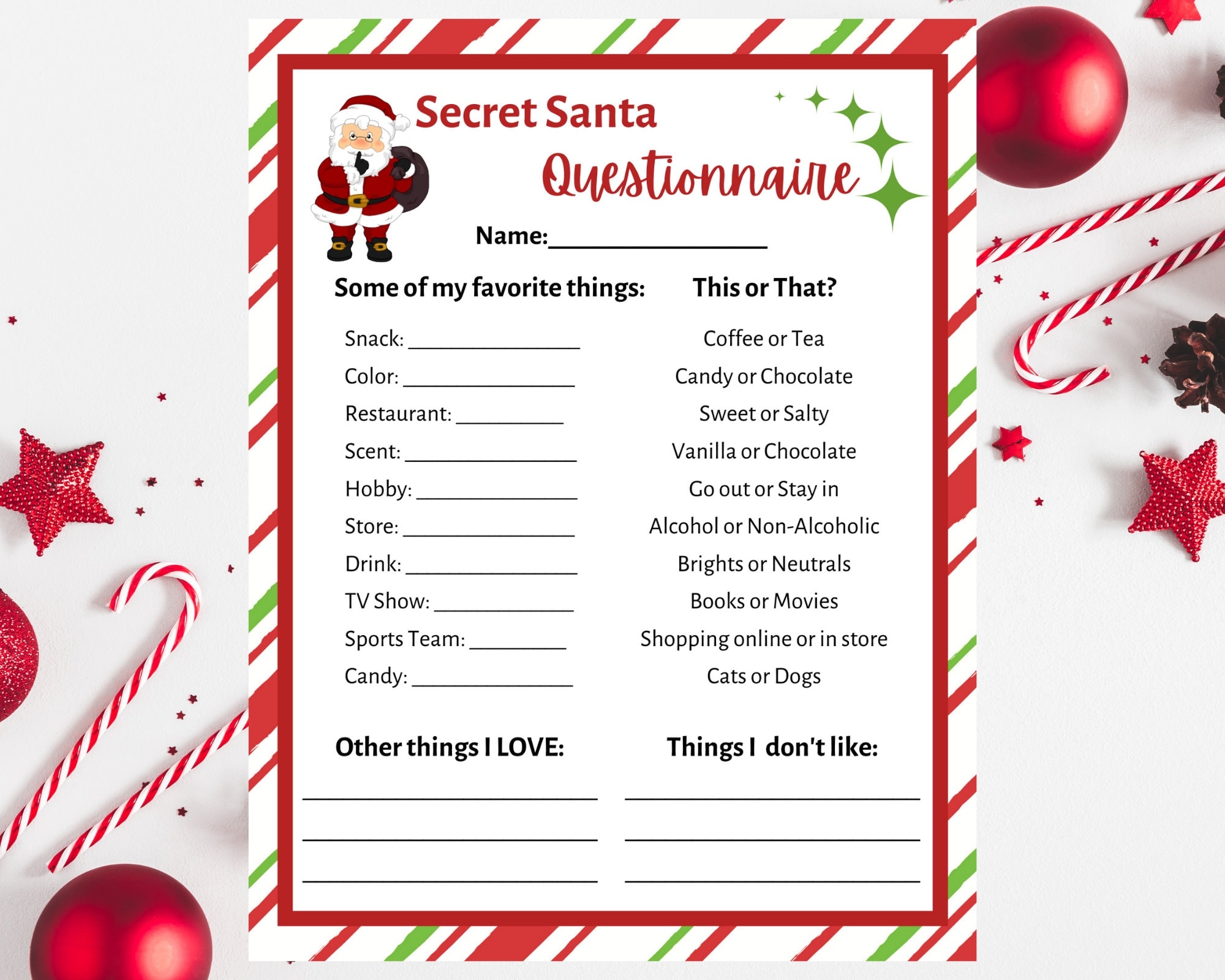 Secret Santa Questionnaire Printable Secret Santa Form Etsy de