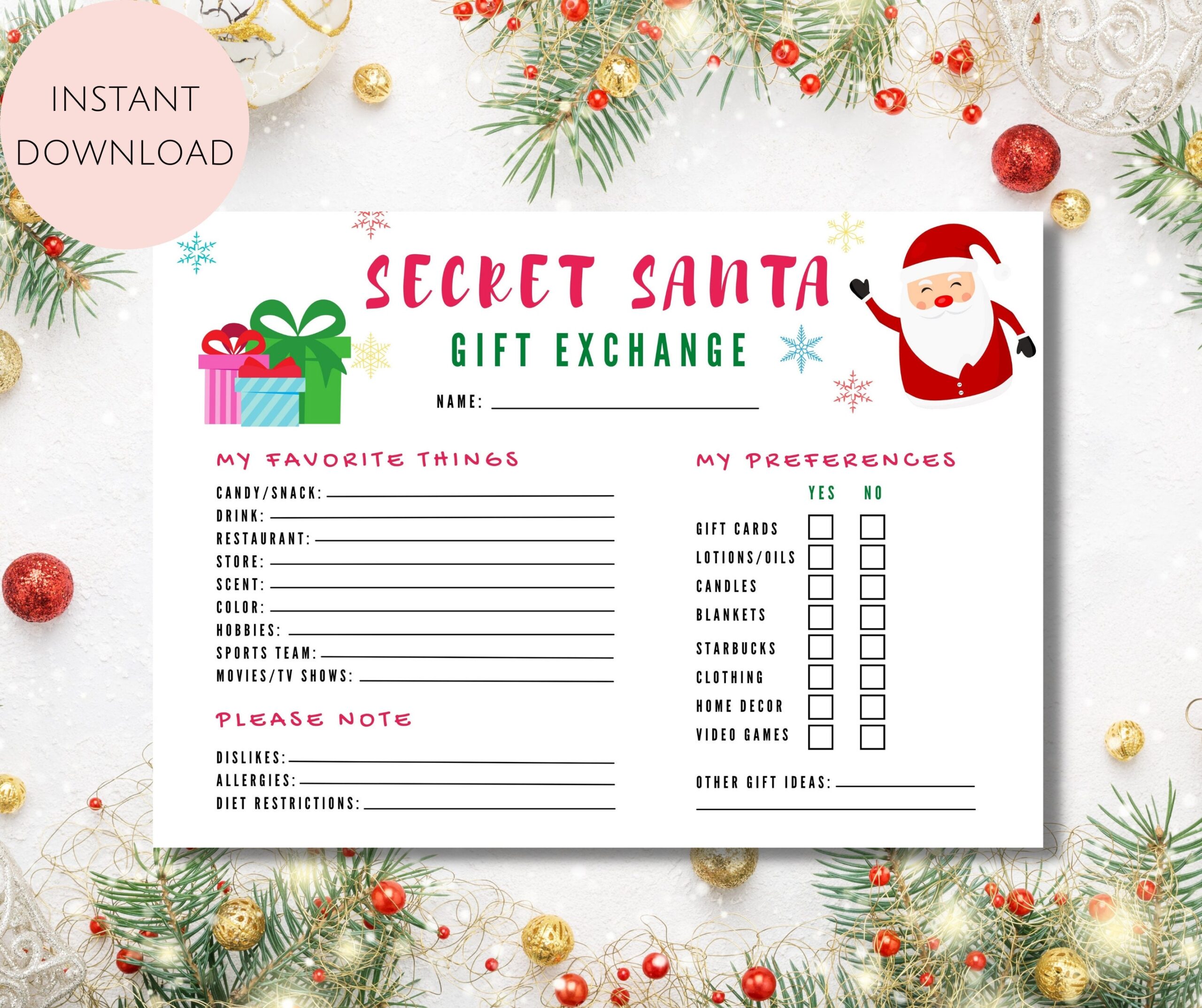 Printable Secret Santa Lists Templates