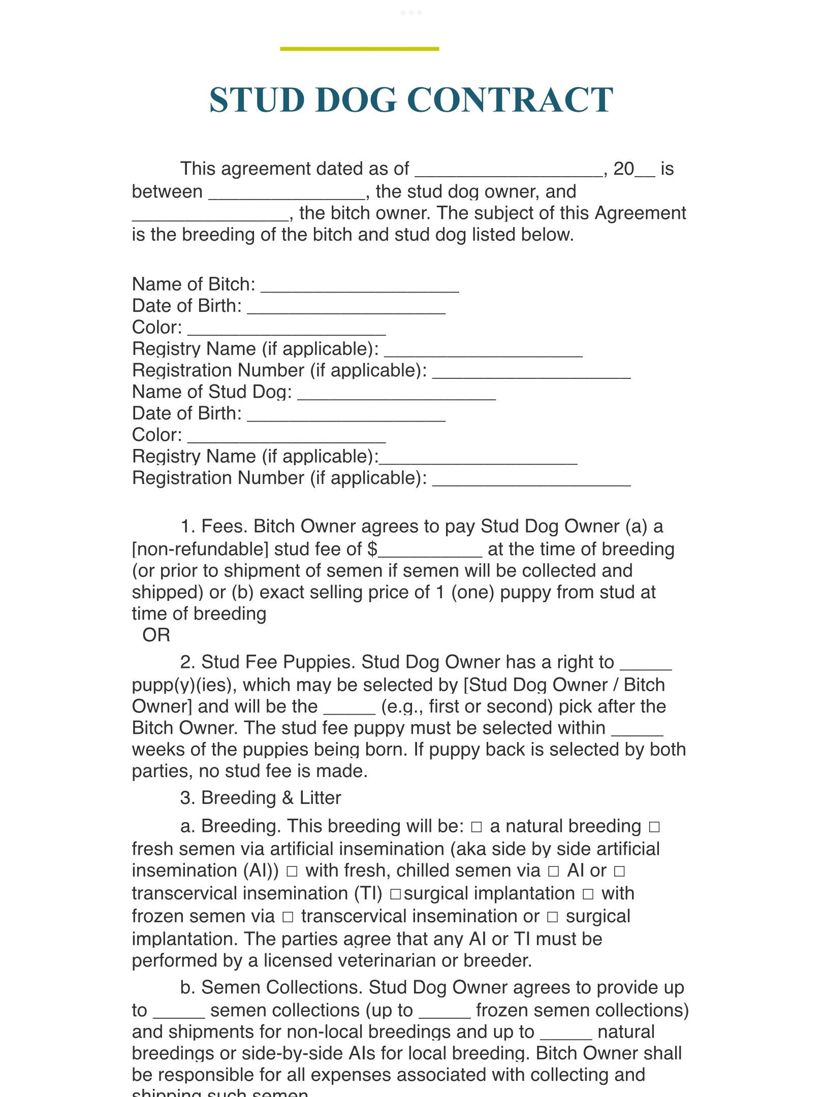 Printable Stud Dog Breeding Contract Template Printables Template Free