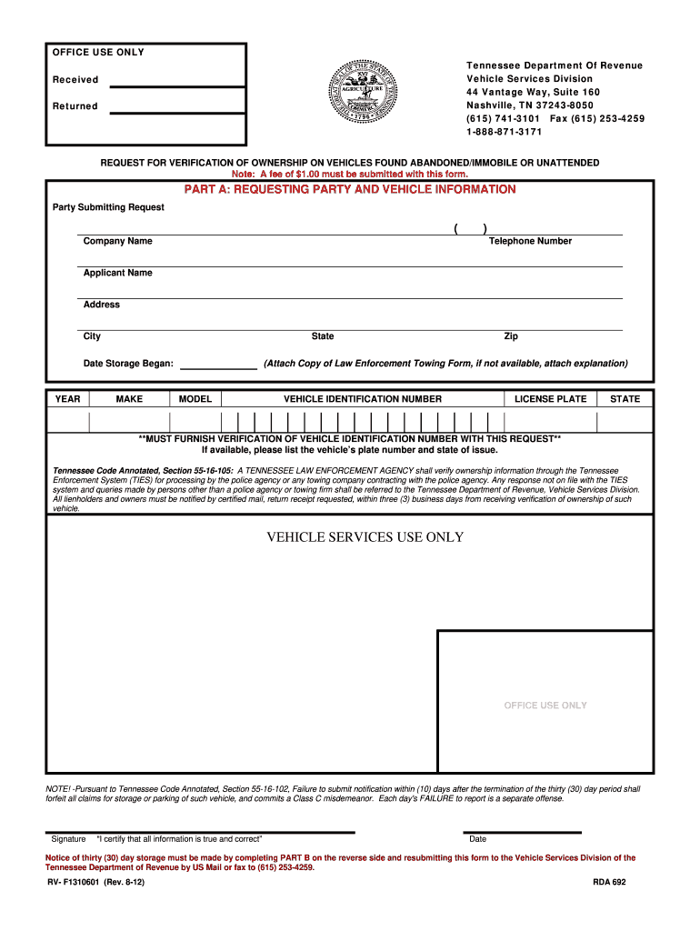 2012 Form TN RV F1310601 Fill Online Printable Fillable Blank PdfFiller