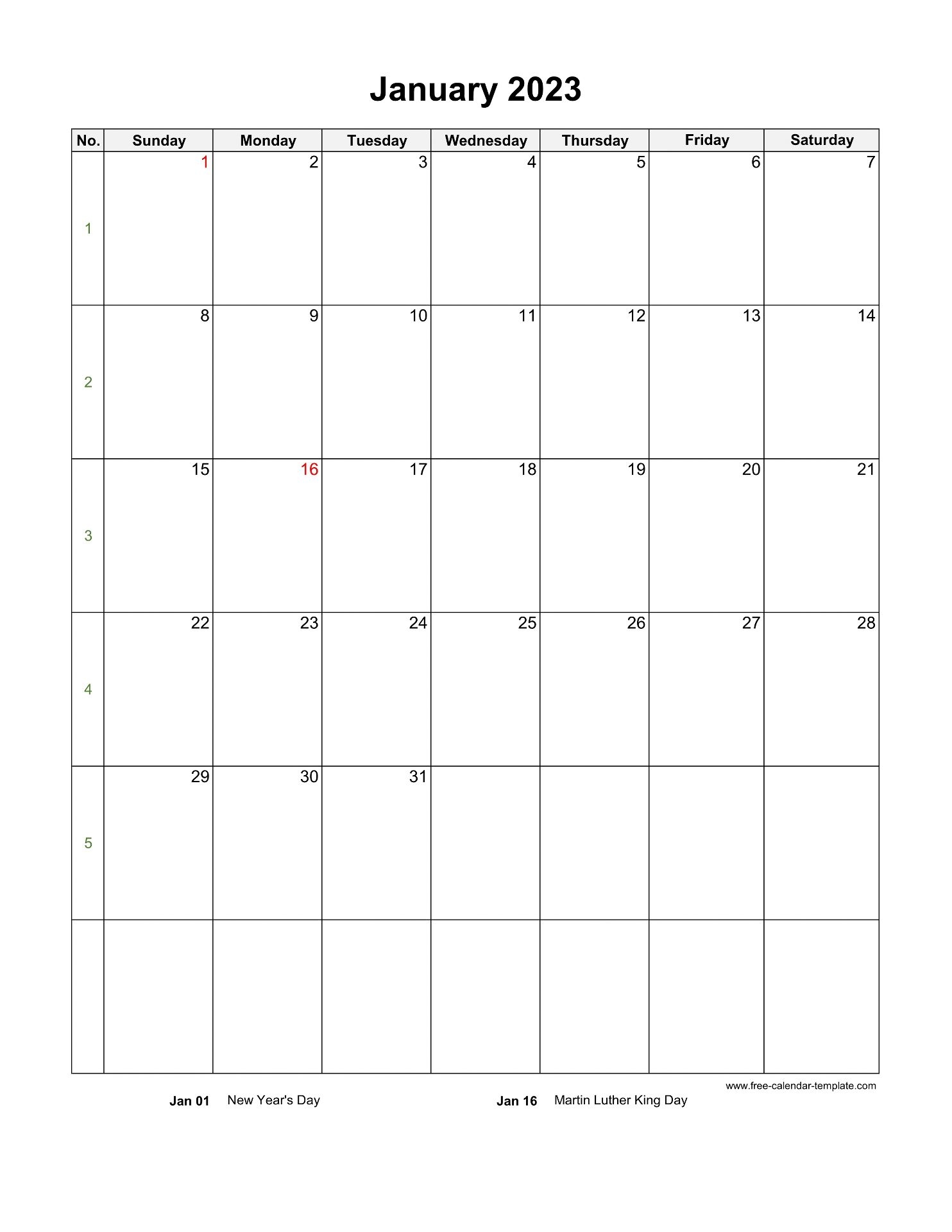 2023 January Calendar Blank Vertical Template Free calendar template