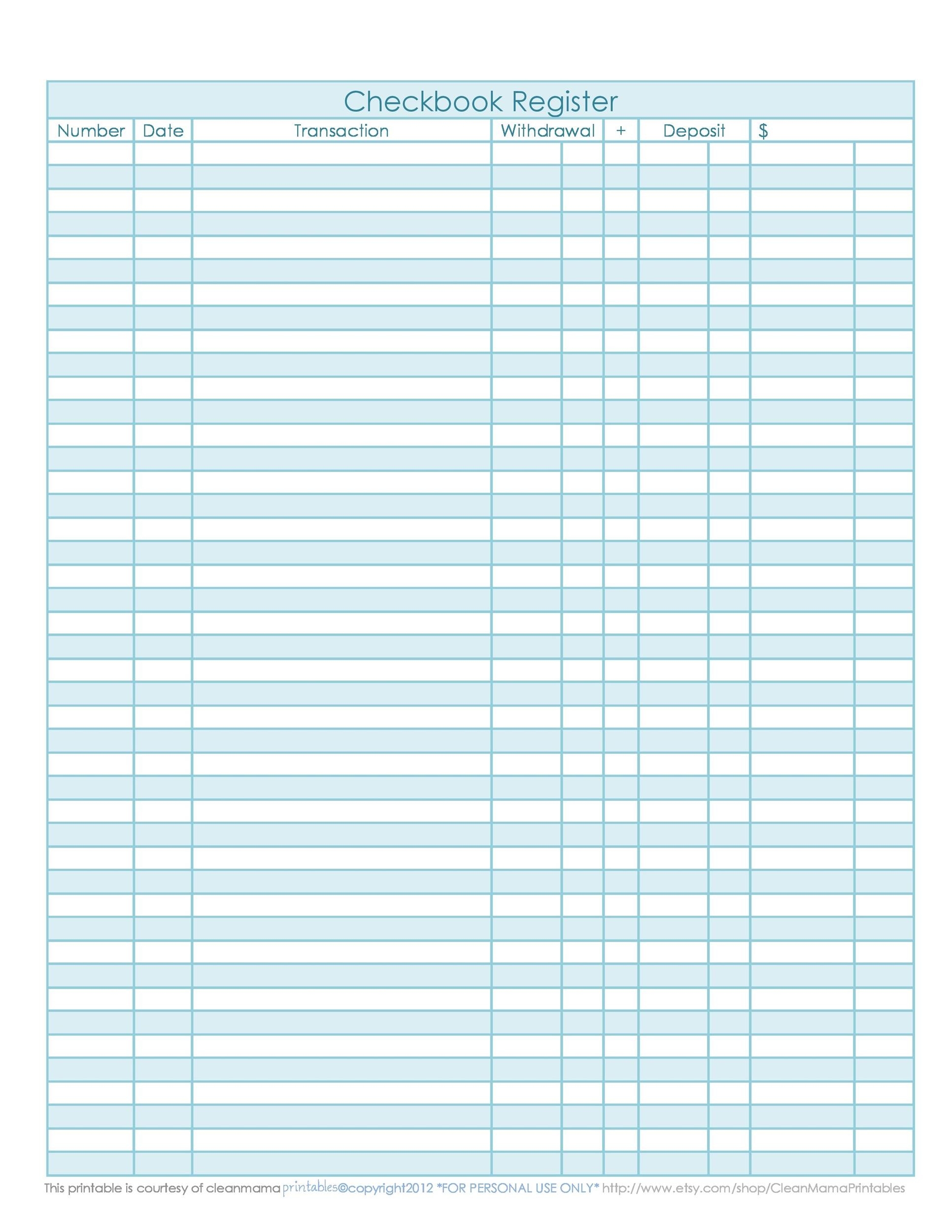 Printable Pdf Checkbook Register Template