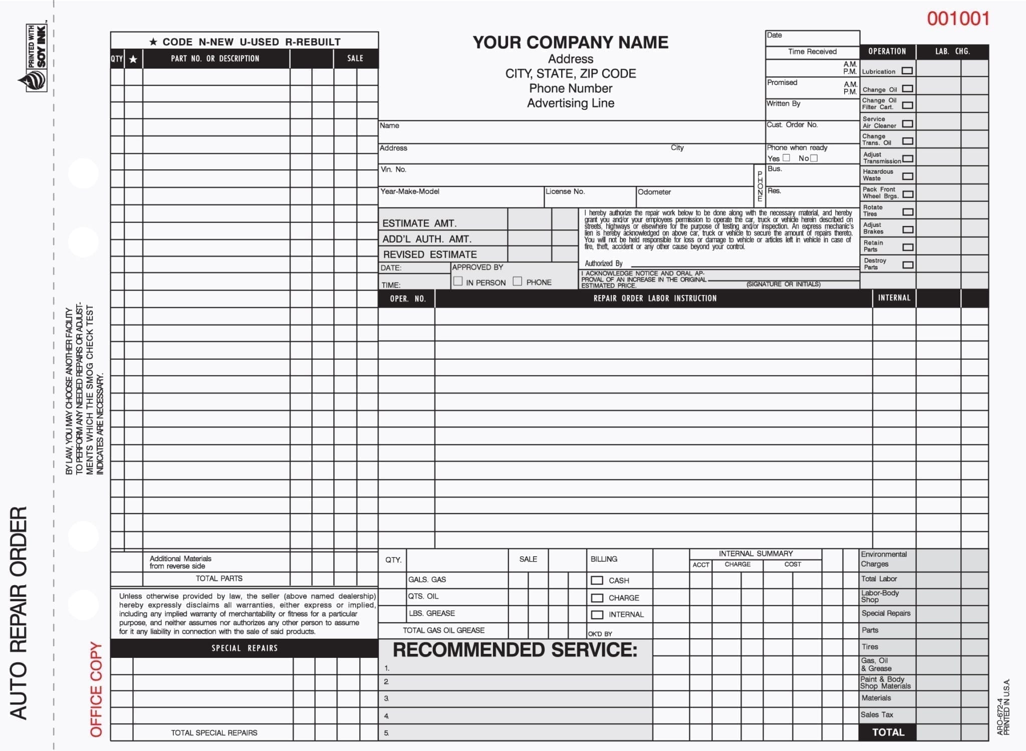 Printable Auto Repair Work Order Template