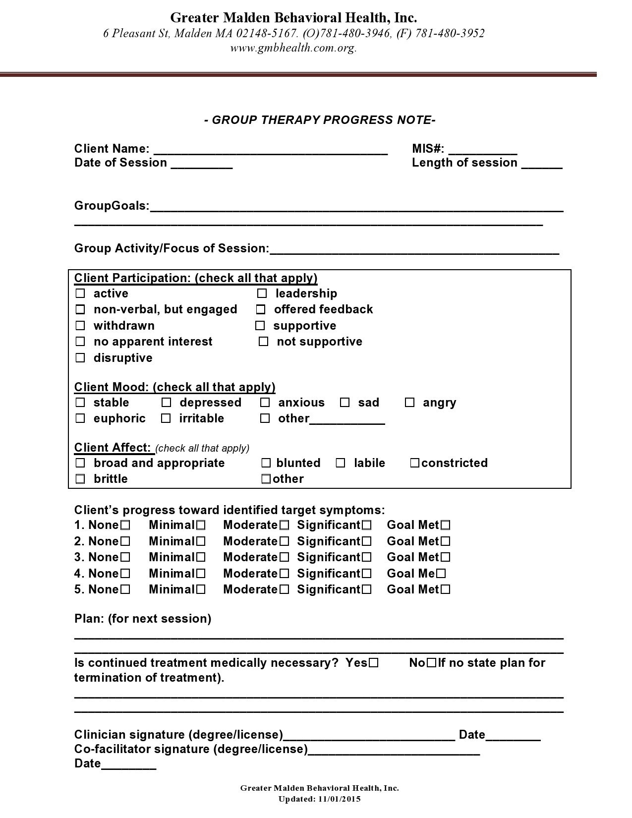 Printable Psychotherapy Progress Note Template Pdf