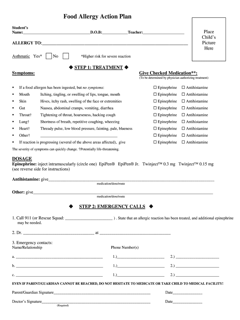 Allergy Action Plan Fill Online Printable Fillable Blank PdfFiller