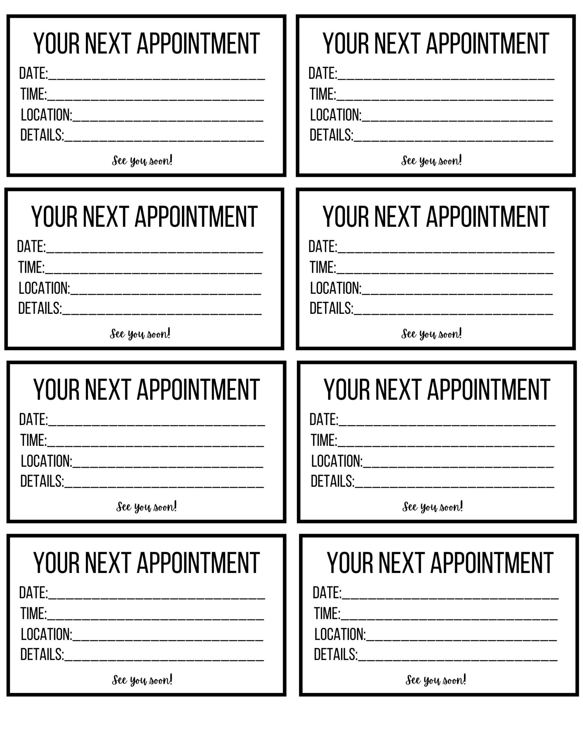 Printable Appointment Reminder Cards Template Free