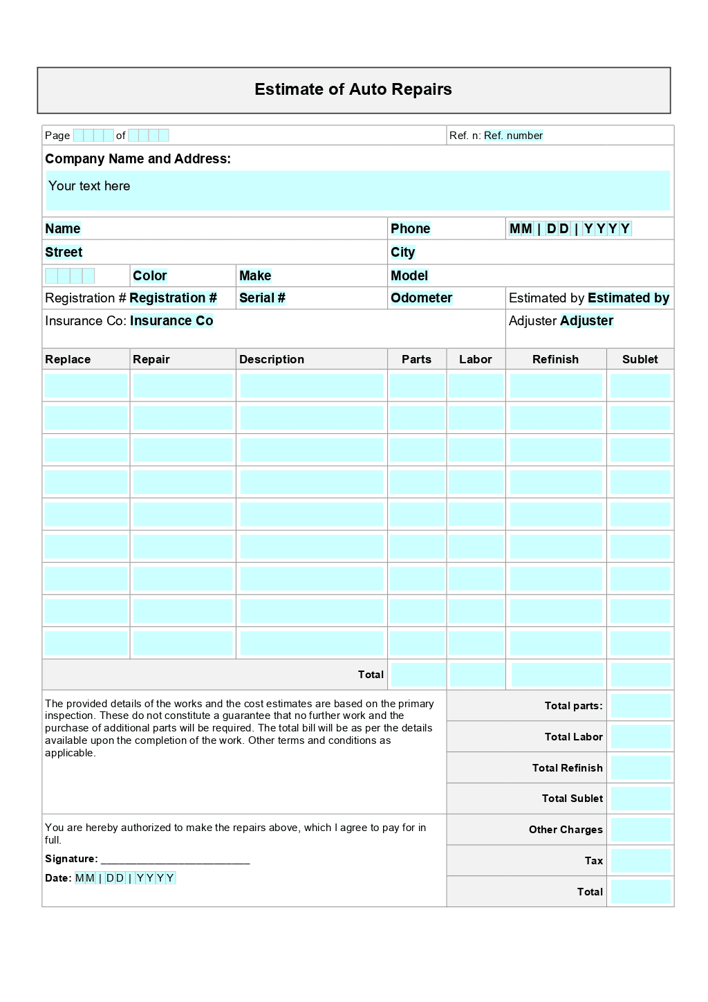 Auto Repair Estimate Template ONLYOFFICE