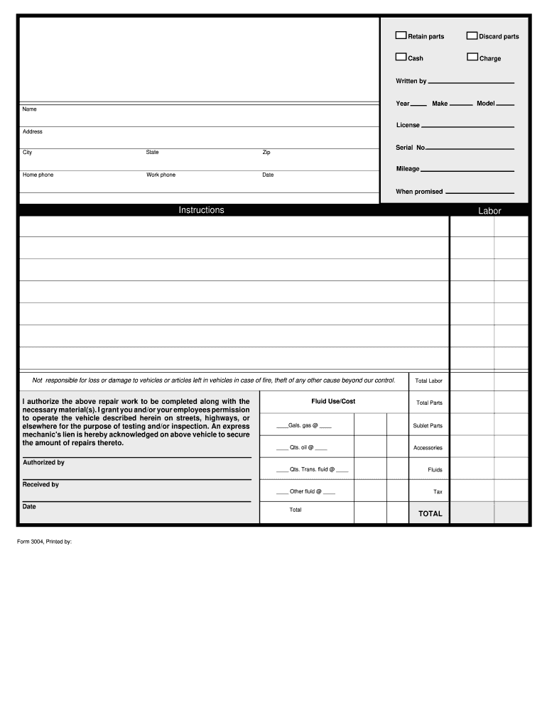 Auto Repair Work Form Fill Online Printable Fillable Blank PdfFiller