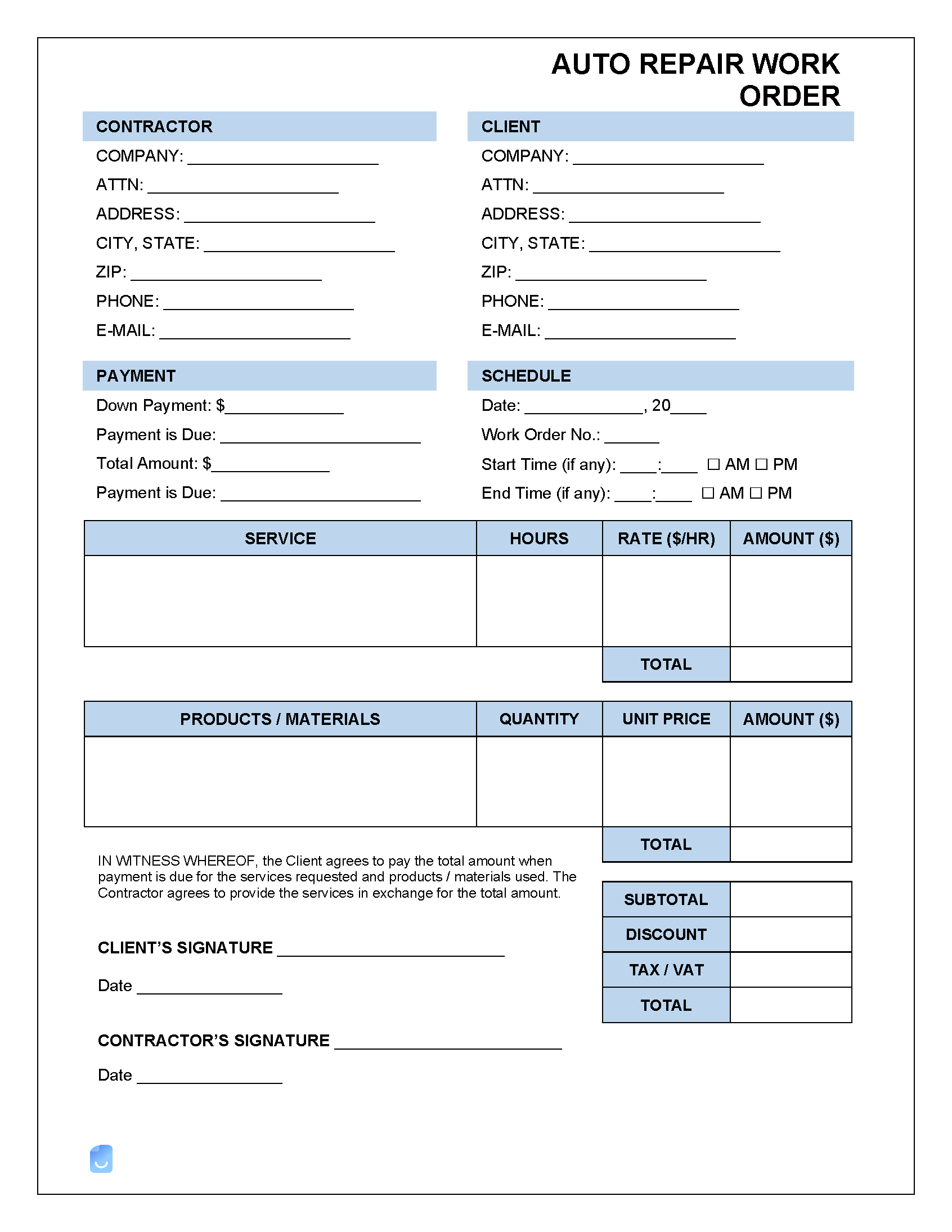 Auto Repair Work Order Template Invoice Maker