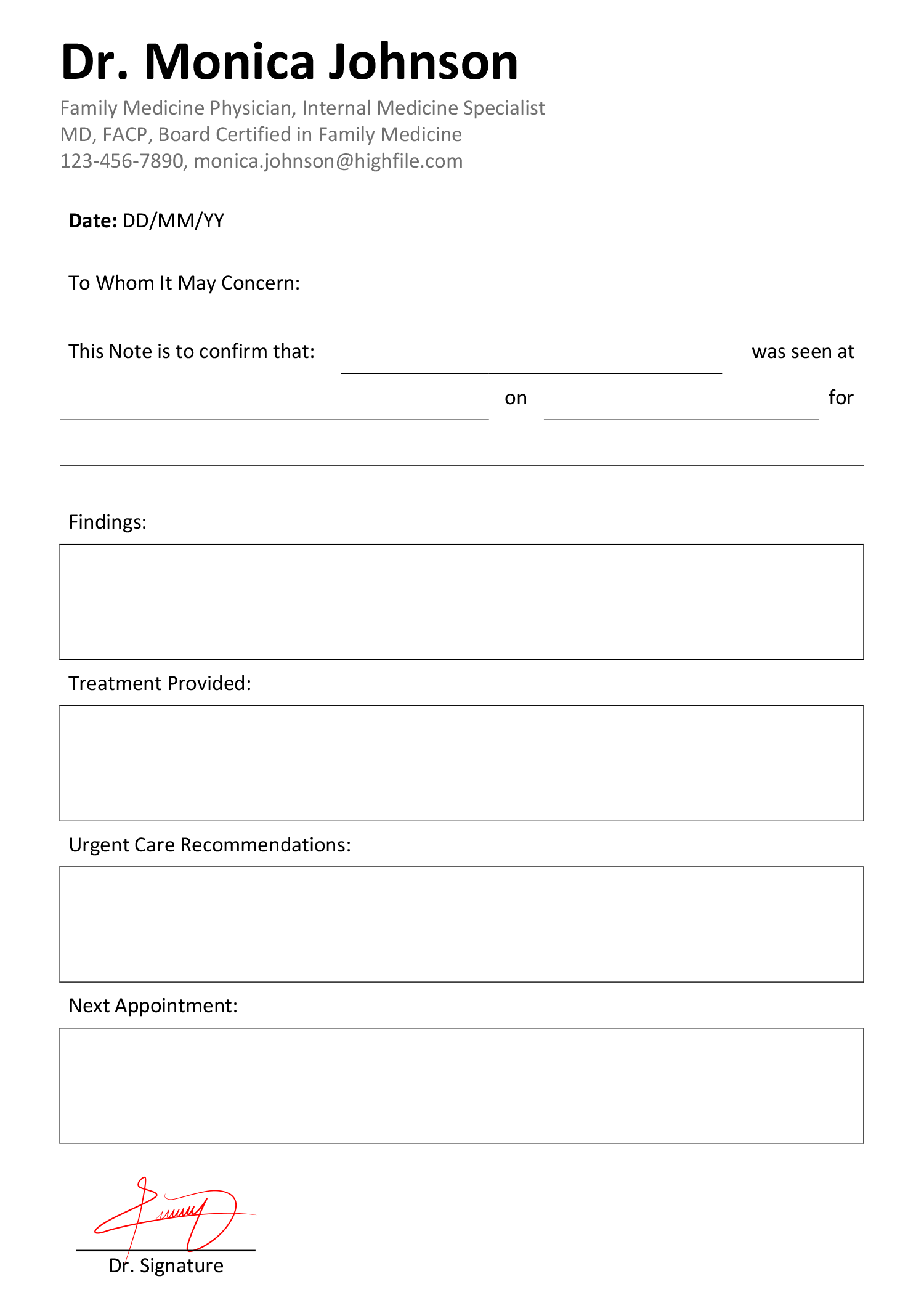 Printable Urgent Care Doctors Note Template