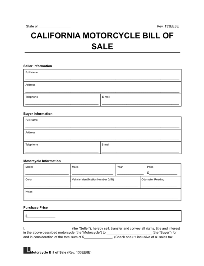 California Motorcycle Bill Of Sale Template PDF Word