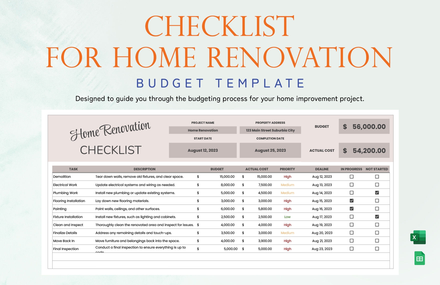 Downloadable Printable Home Renovation Checklist Template