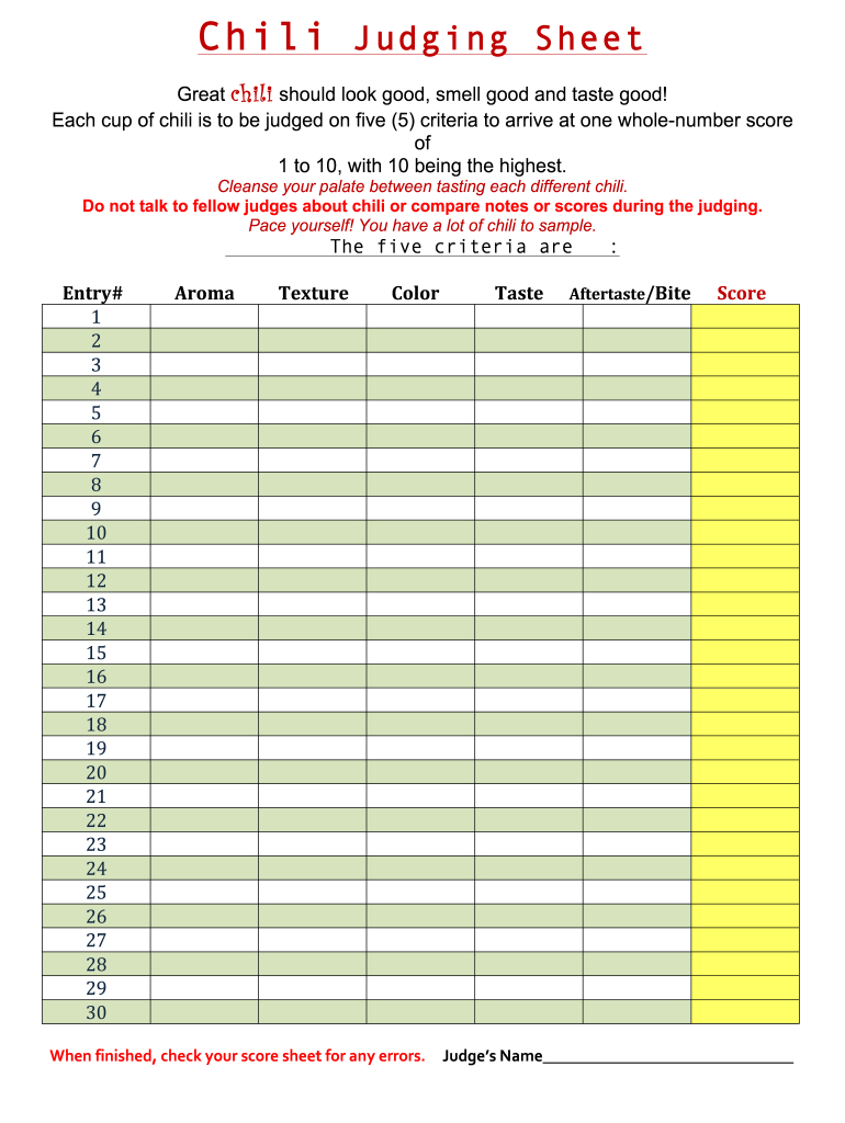 Chili Cook Off Judging Sheet Fill Online Printable Fillable Blank PdfFiller