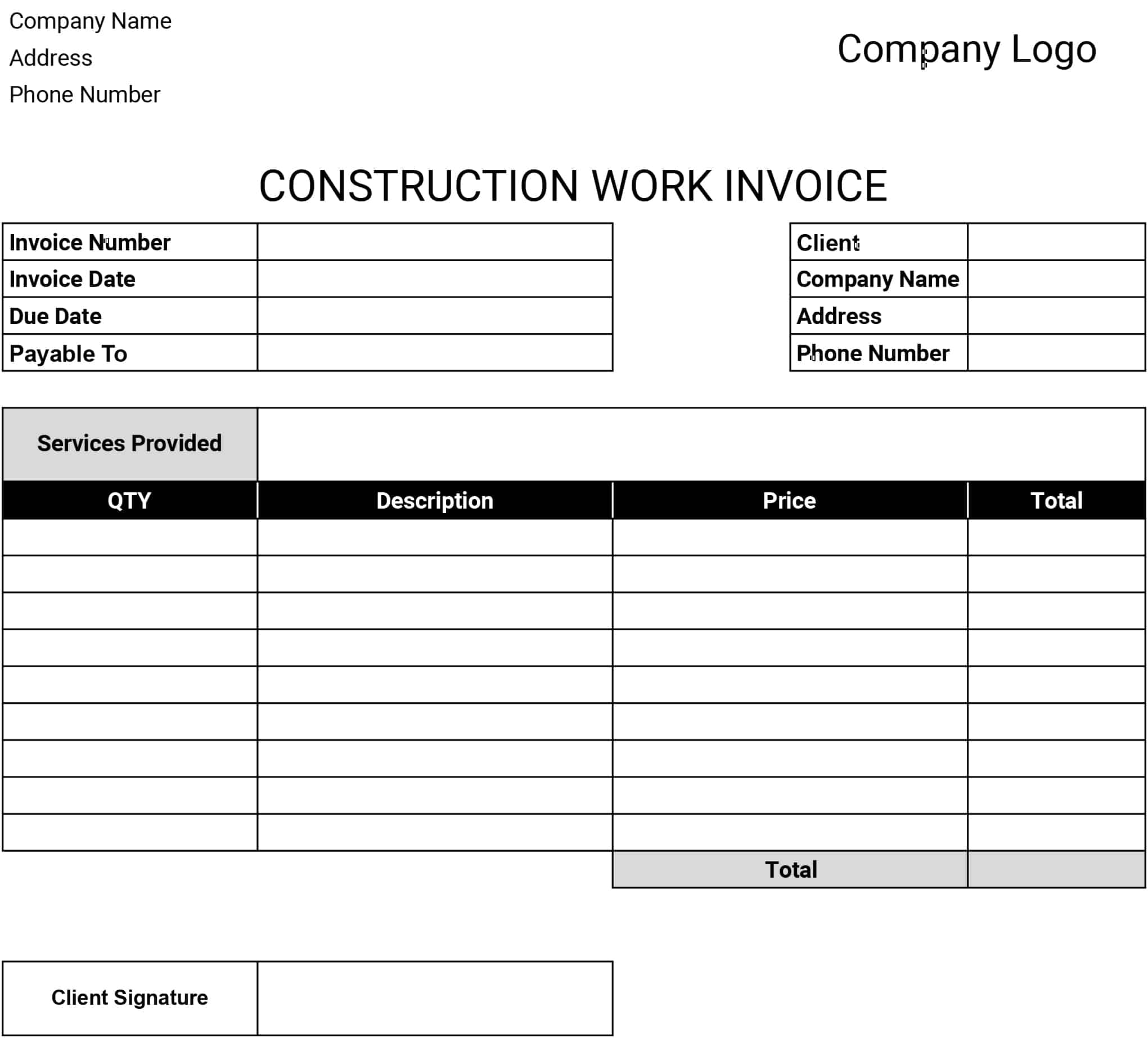 Free Printable Construction Invoice Template