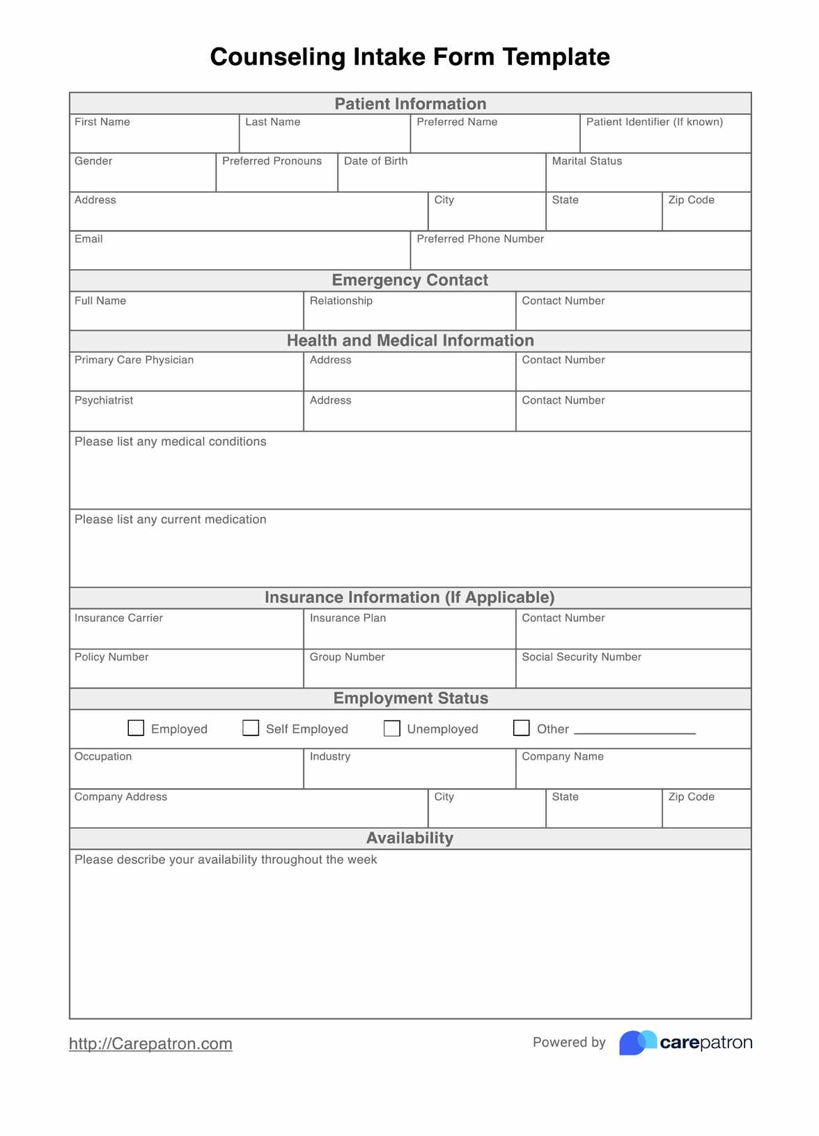 Counseling Intake Form Template Example Free PDF Download