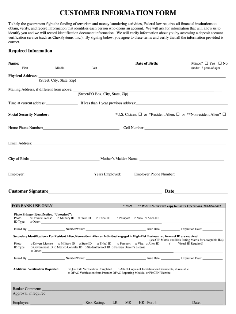 Printable Basic Customer Information Form Template Word