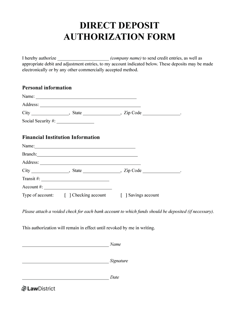 Printable Direct Deposit Form Template