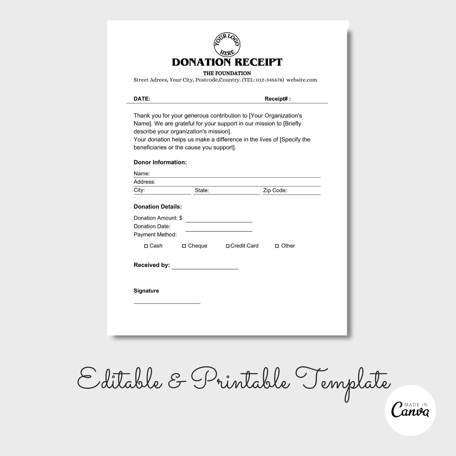 Printable Donation Receipt Letter Template