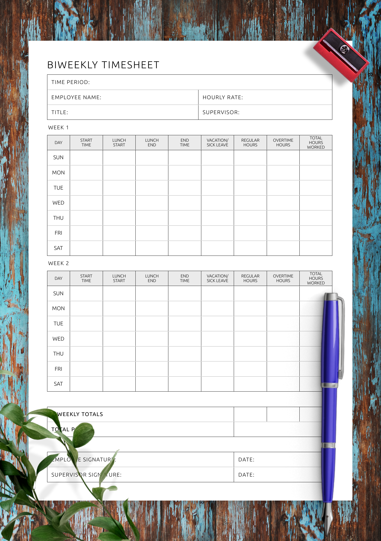 Printable Simple Biweekly Timesheet Template