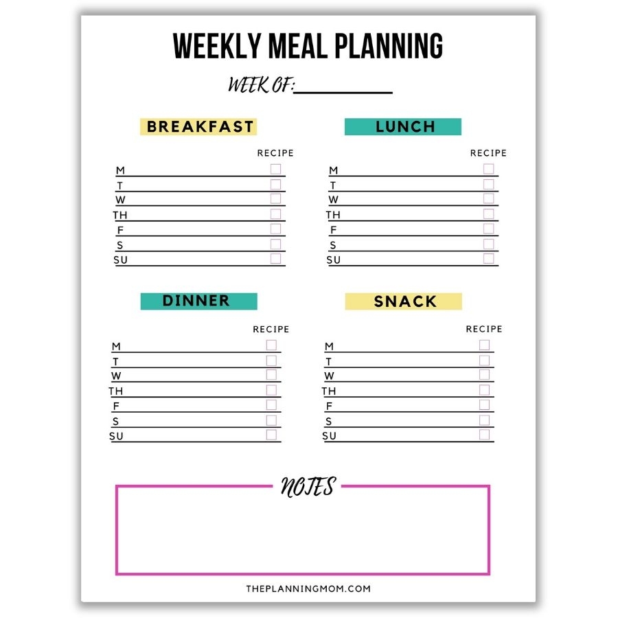 Printable Weekly Meal Planner Template With Snacks