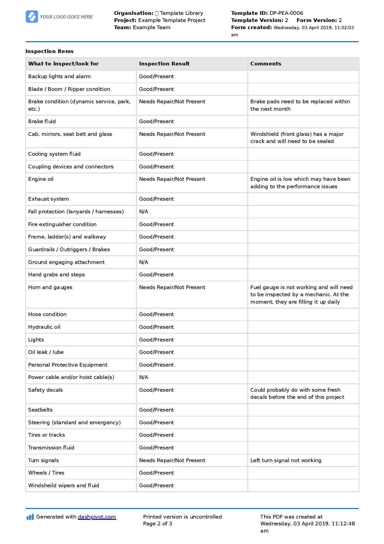 Printable Equipment Inspection Checklist Template