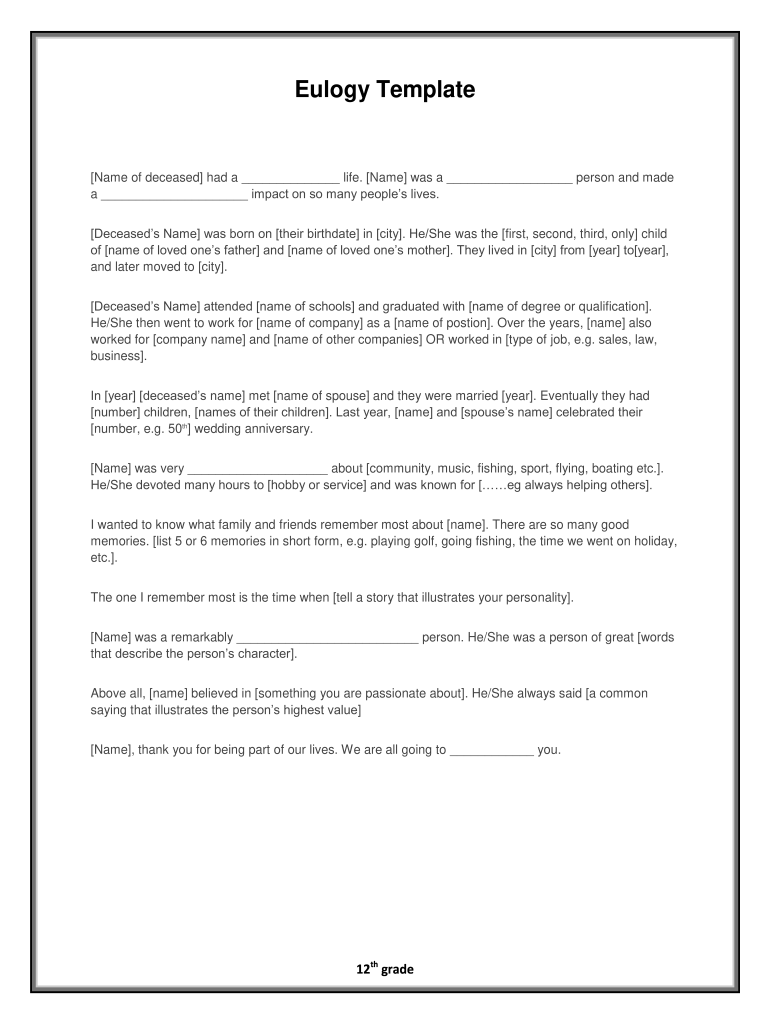 Eulogy Template Fill Online Printable Fillable Blank PdfFiller