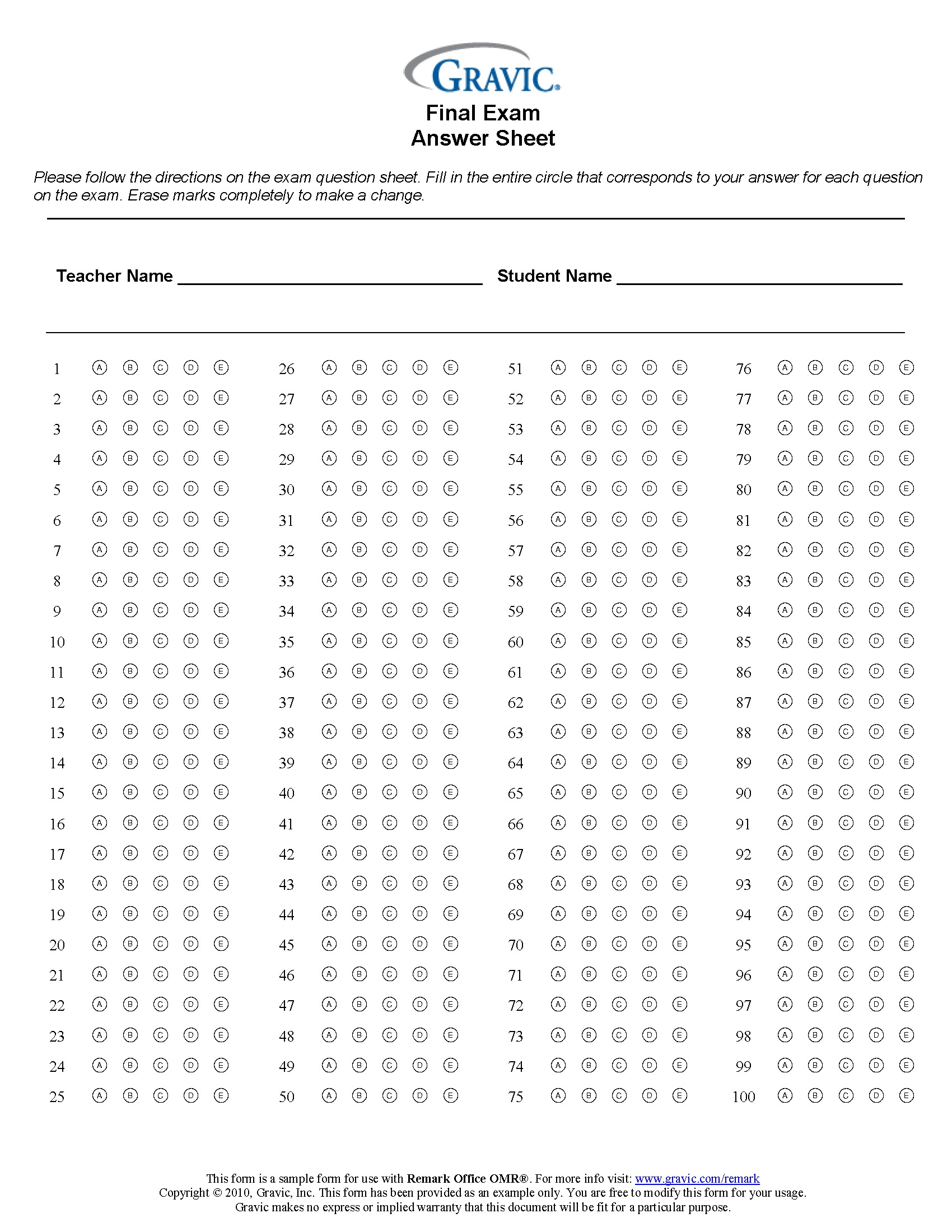 Printable Blank Answer Sheet Template