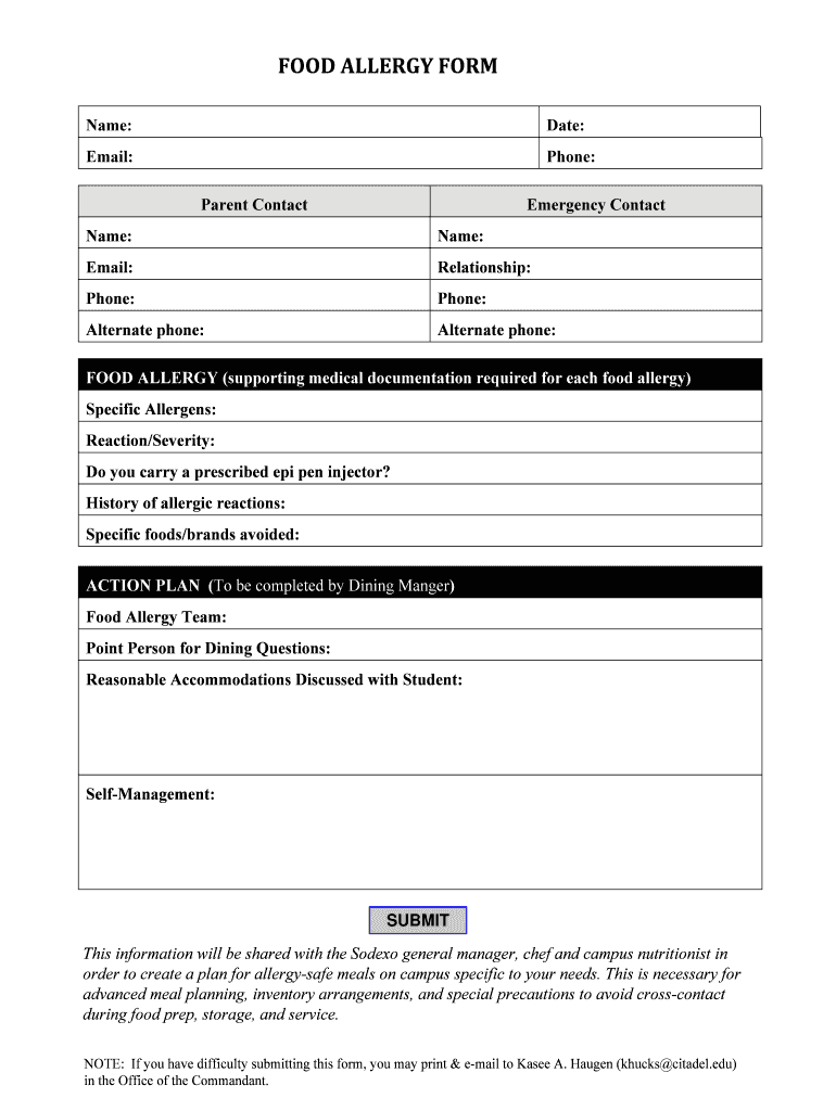 Printable Food Allergy Form Template