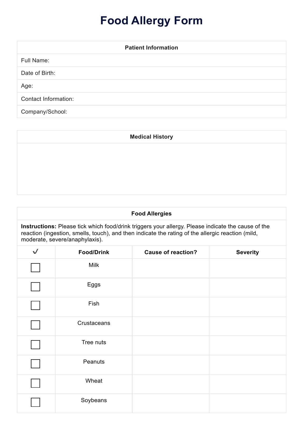 Food Allergy Form Example Free PDF Download