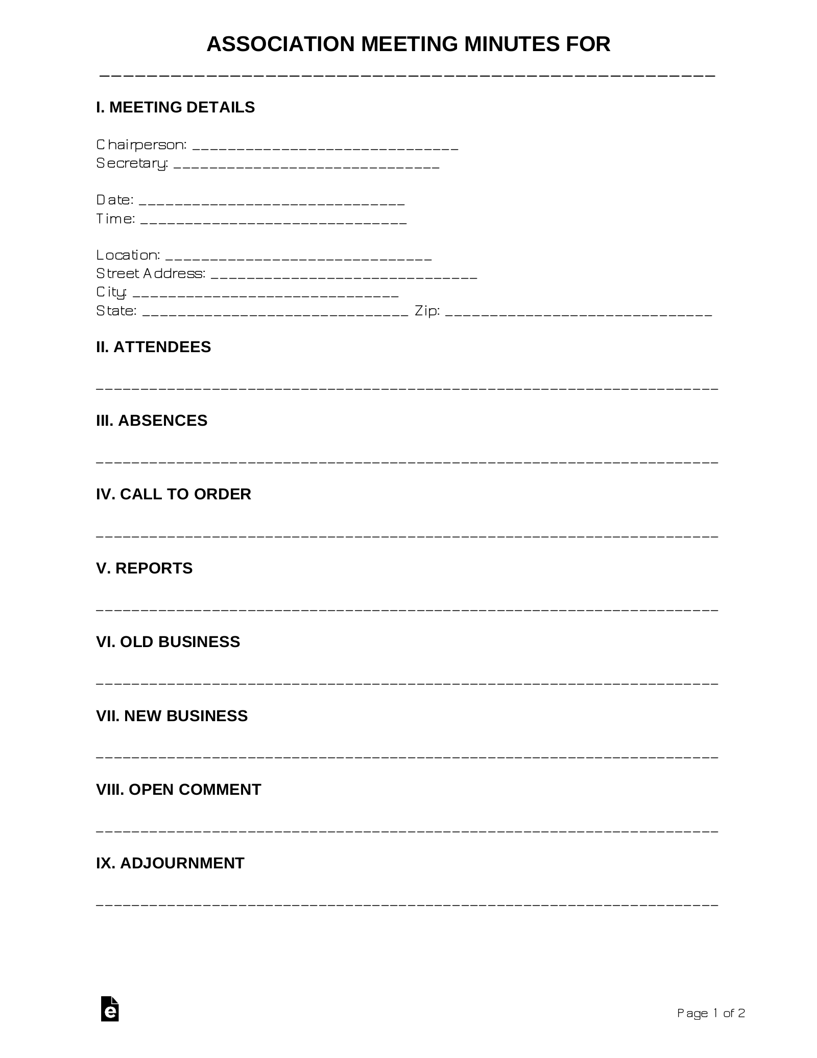 Free Association Meeting Minutes Template PDF Word EForms